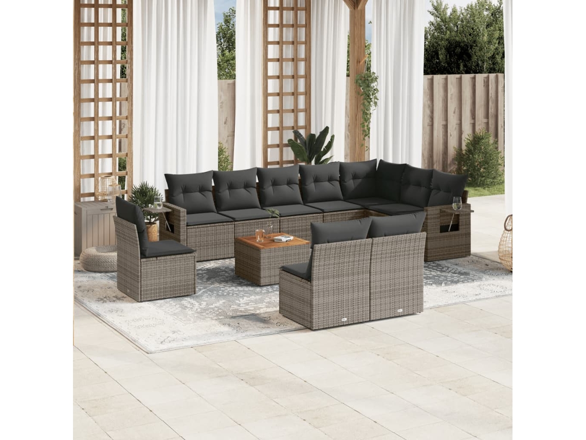 Vidaxl 11 Pcs Conjunto Sofás de Jardim C/ Almofadões Vime Pe Cinzento