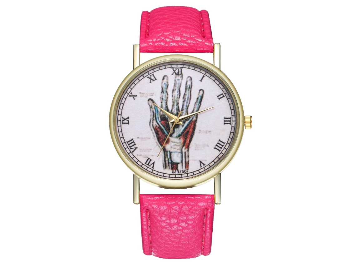 Relógio de quartzo unissex casual com pulseira de couro PU, mostrador redondo, cor rosa/vermelho.