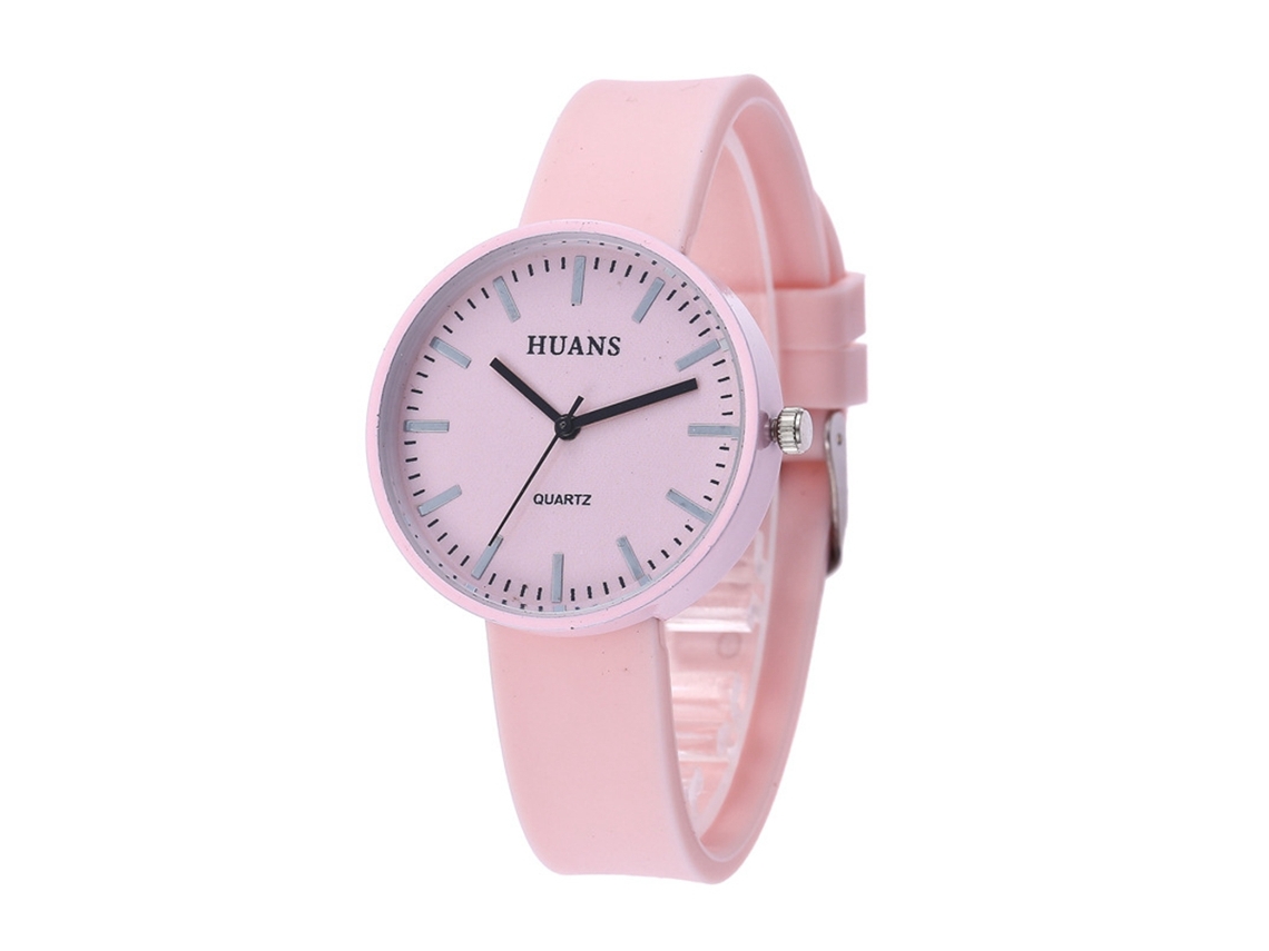 Relógio analógico infantil com pulseira de silicone e movimento de quartzo rosa.