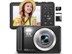 Câmera digital 5k 72 MP UHD para fotografia, câmera pequena com foco automático e função "Apontar e Disparar" (preta)