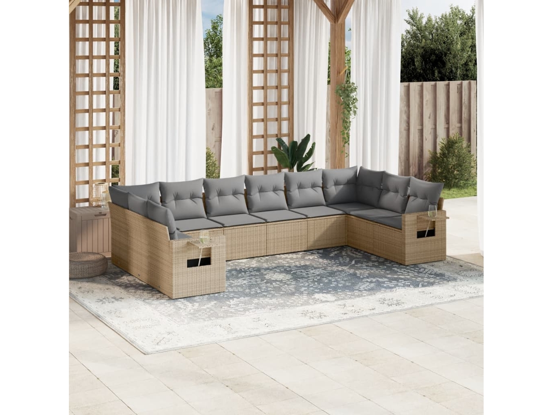 Conjunto de 10 Sofás para Jardim com Almofadas Vime Pe Bege Dkd Home Decor