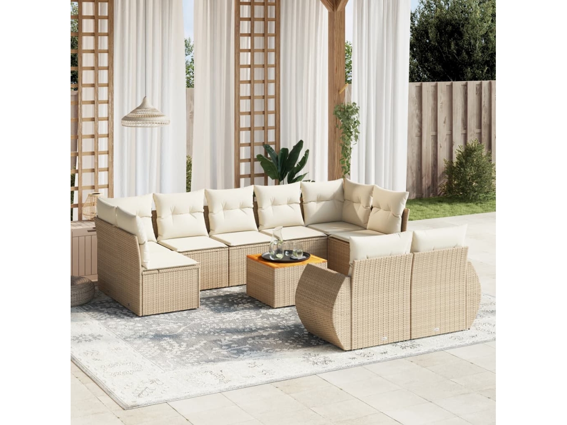 Vidaxl 10 Pcs Conjunto De Sofás P/ Jardim Com Almofadões Vime Pe Bege