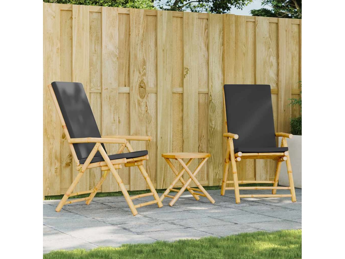 Vidaxl 3 Pcs Conjunto Bistrô Dobrável C/ Almofadões Cinza Escuro Bambu