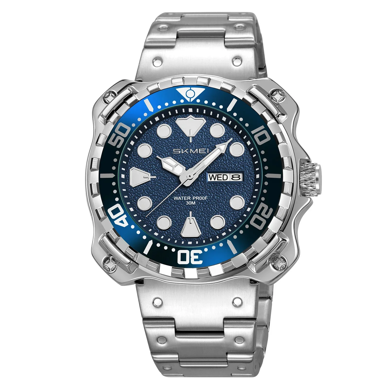 Relógio Esportivo Masculino Elegante com Exibição de Data e Dia da Semana, Pulseira de Aço Inoxidável. MDUG (azul prateado)