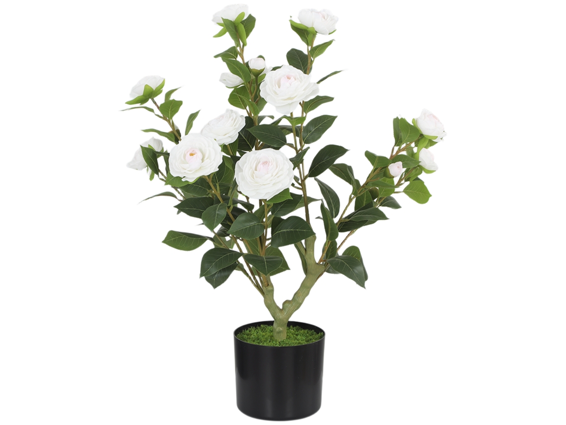 Camélia Artificial de 65 Cm em Vaso com Flores de Seda Realistas, 116 Folhas e Efeito de Musgo Branco. VELTUS TRADE