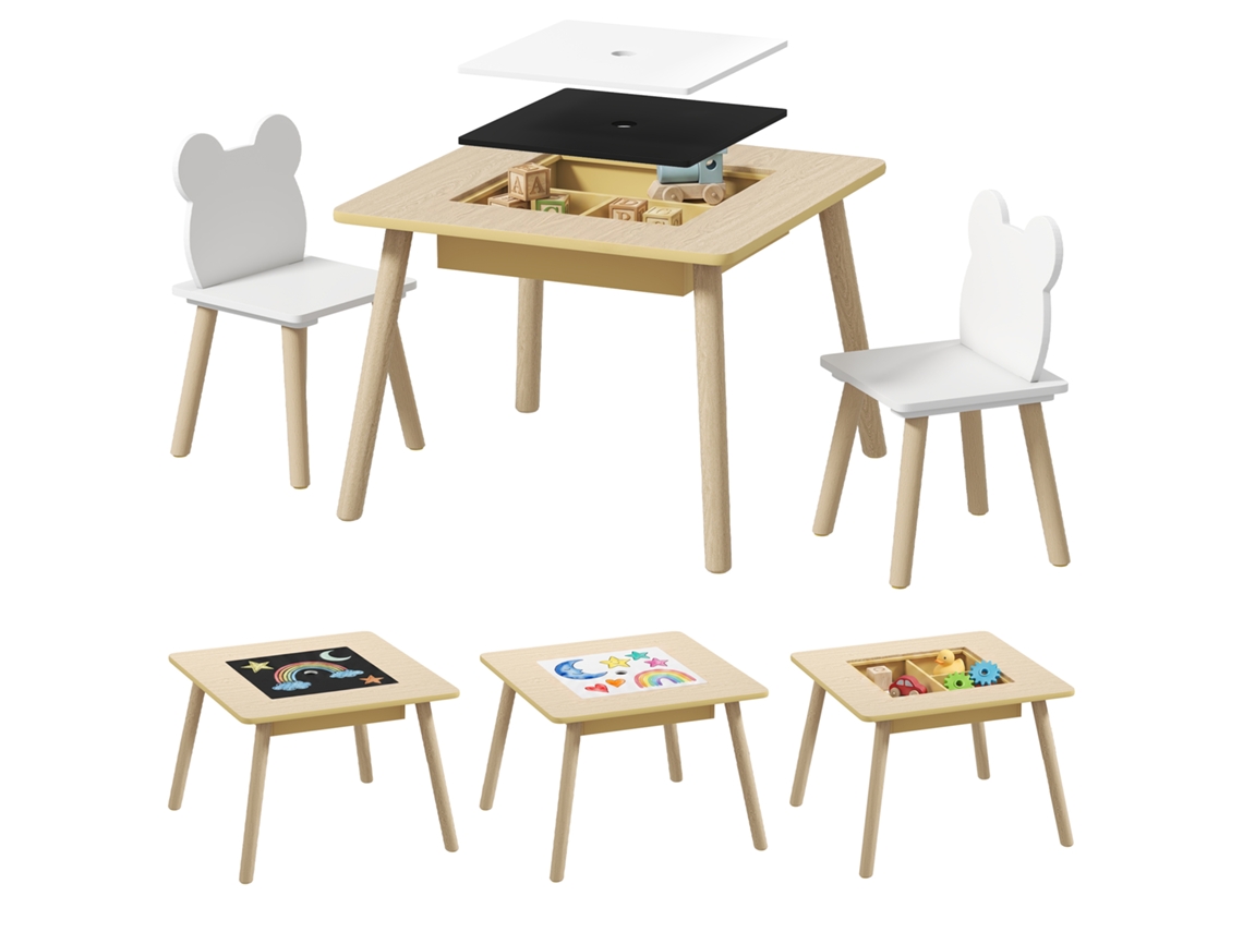 Conjunto de mesa e 2 cadeiras infantis de madeira com compartimentos e tampo quadrado preto removível de 60x60x44 cm em tons naturais e brancos.