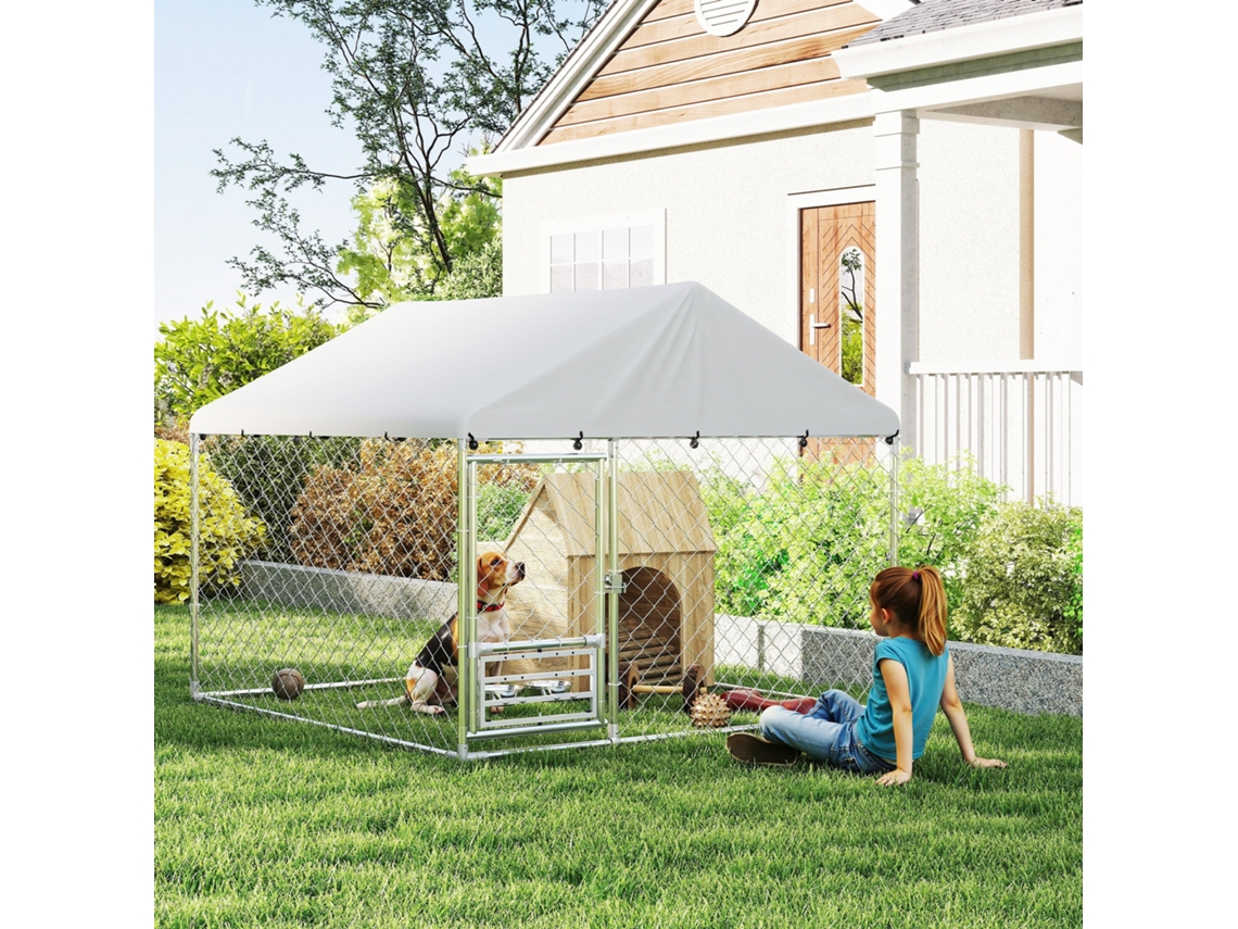 Gaiola para Cães em Aço Galvanizado, 2x2x1,54 M, com Toldo, Suporte Giratório para Comida