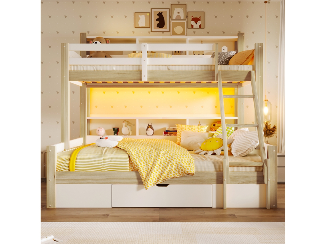 Beliche 90x200 e 140x200cm com led, prateleiras abertas, gaveta, segurança, sem colchão, branco natural KOMHTOM