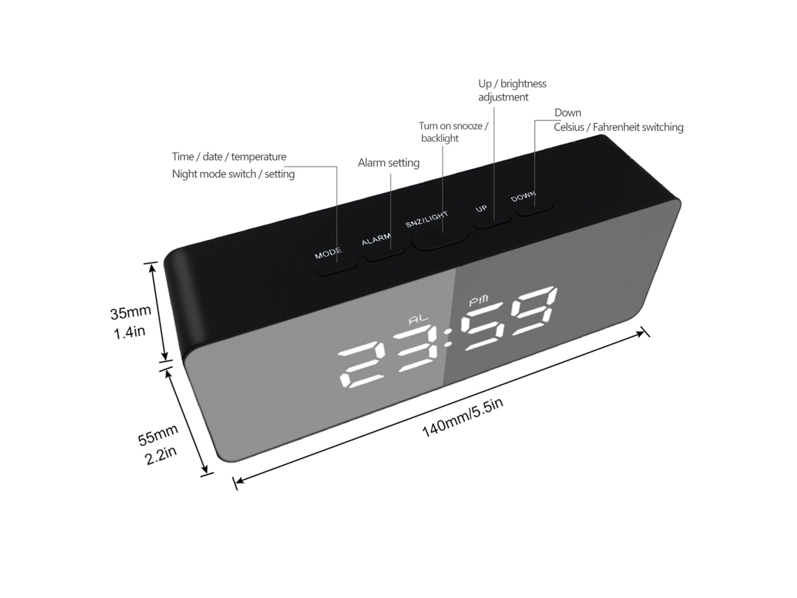 Relógio de mesa digital Ronjoe-LED com espelho e visor de temperatura