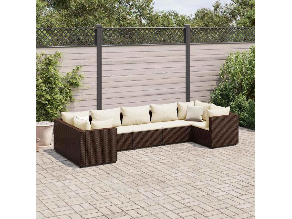 Vidaxl 7 Pcs Conjunto Lounge De Jardim C/ Almofadões Vime Pe Castanho