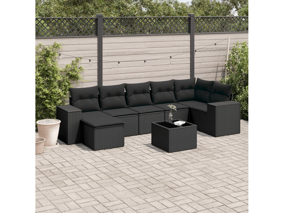 Vidaxl 8 Pcs Conjunto Sofás De Jardim Com Almofadões Vime Pe Preto