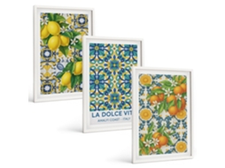 Composição De Quadros Limões, Flores, Laranjas, Itália Moldura Branca Pinturas De Quarto Espelharte (3 Piezas De 40x60 Cm)