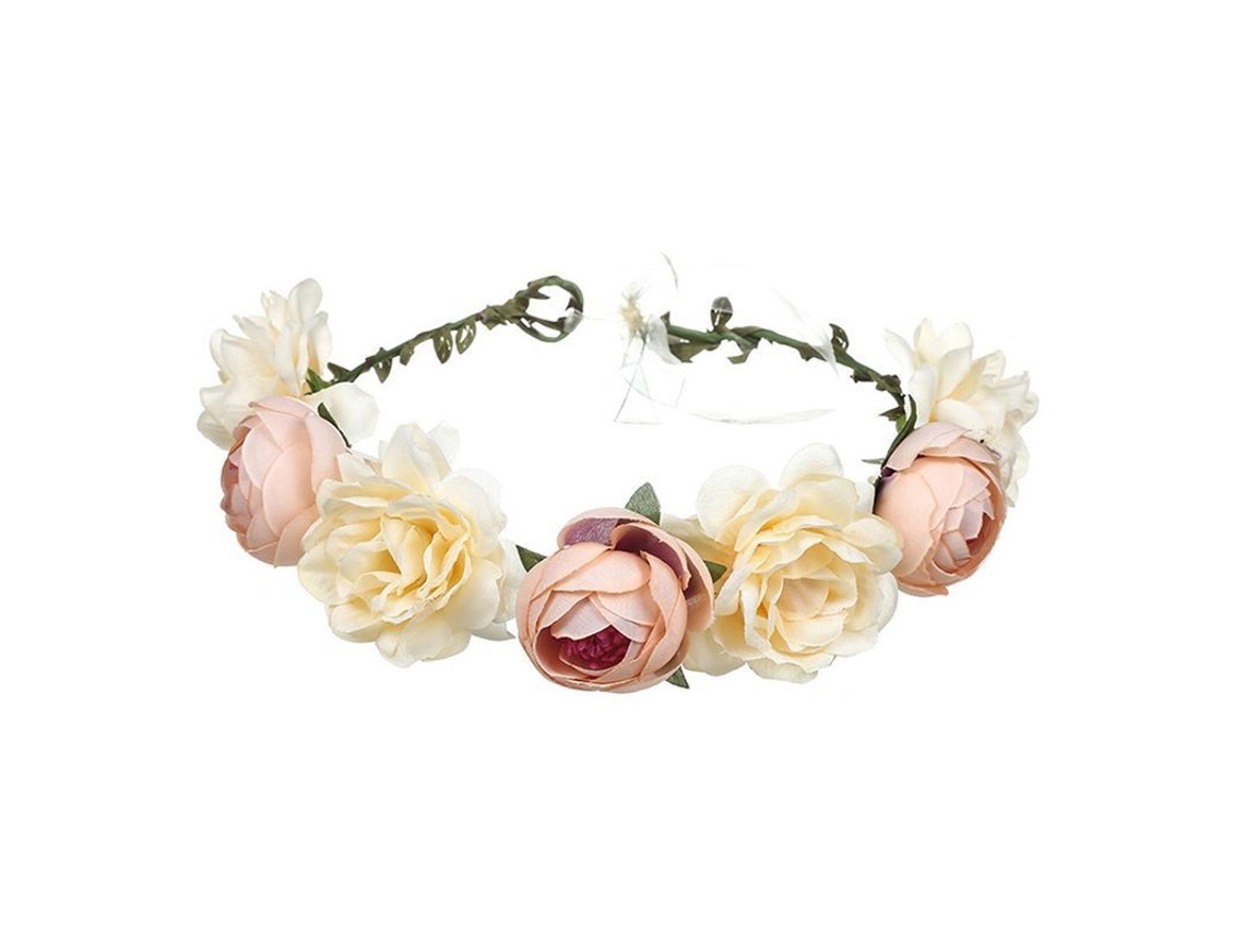 Coroa de Flores de Rosa Feminina com Fitil Ajustável para Cabelo Diâmetro das Flores 2.75 e 1.77 polegadas