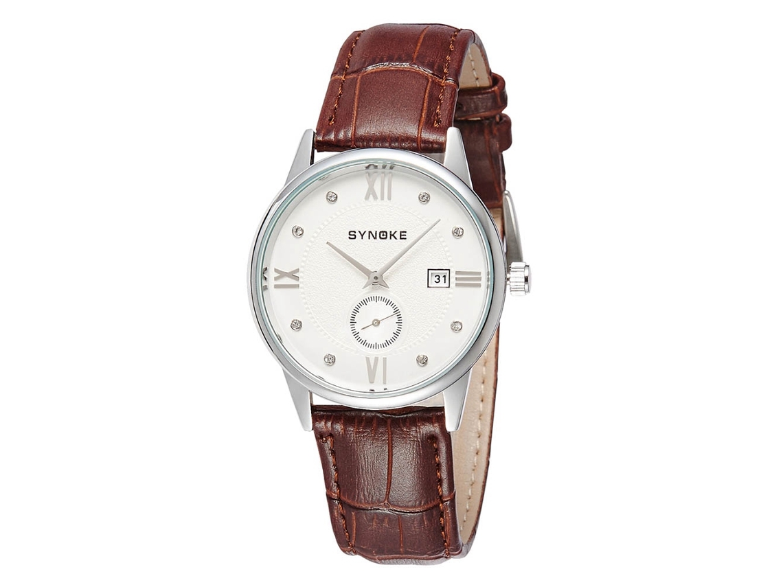 Relógio masculino em aço inoxidável, à prova d'água, com pulseira de couro, estilo moderno, nas cores prata e marrom.