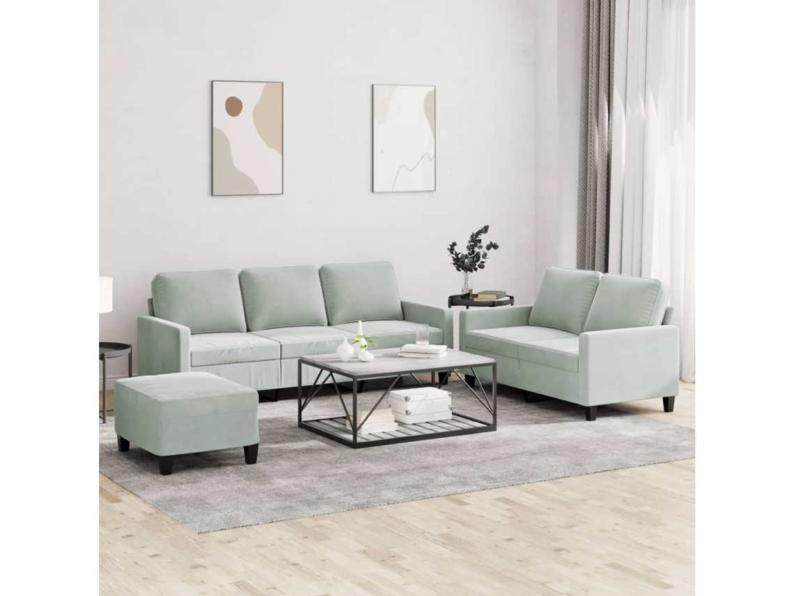 Vidaxl 3 Pcs Conjunto De Sofás Com Almofadões Veludo Cinzento-claro