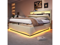 Cama Estofada, 140 X 200 Cm, Sem Colchão, Com Iluminação Led, Mecanismo Hidráulico, Portas Usb E Tipo-c, Compartimento De Arrumação