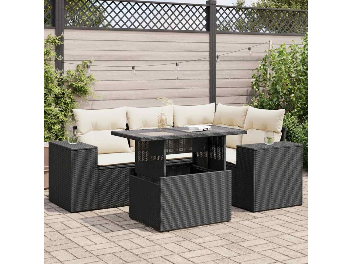 Vidaxl 5 Pcs Conjunto Sofás De Jardim Com Almofadões Vime Pe Preto