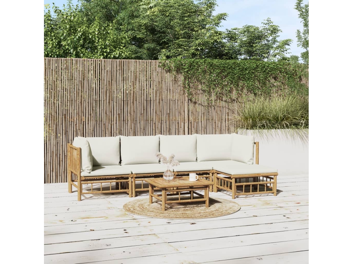 Vidaxl 6 Pcs Conjunto Lounge De Jardim Bambu C/ Almofadões Branco Nata