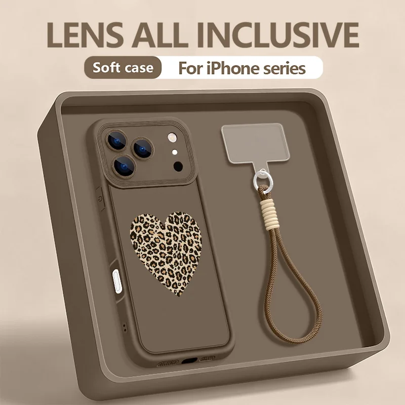 (café) Capa Para Iphone 12 Pro Com Estampa De Leopardo E Corações, Com Cordão E Alça De Pulso.
