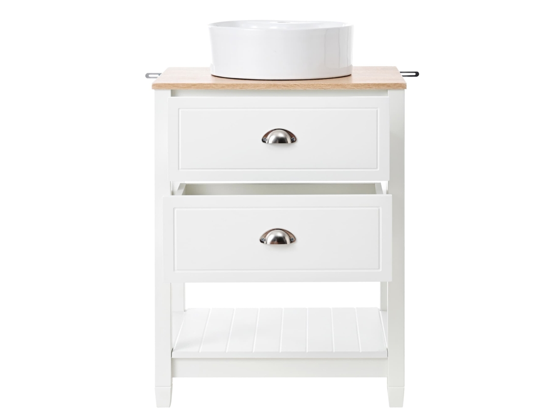 Móvel De Casa De Banho 60x45x91 Cm - Lavatório Redondo Em Cerâmica, 2 Gavetas E Prateleira Aberta - Branco+natural
