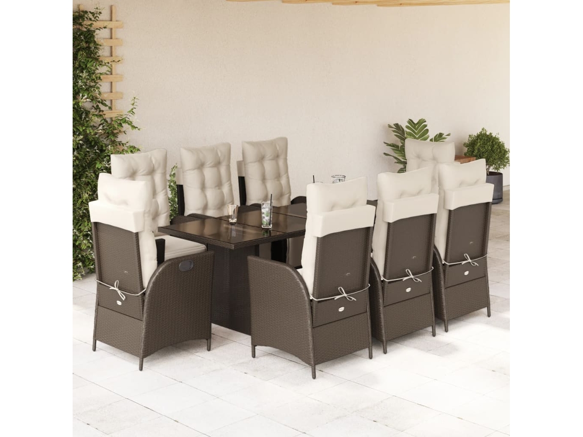 Conjunto 9 Peças Jantar P/ Jardim C/ Almofadões Vime Pe Marrom Dkd Home Decor