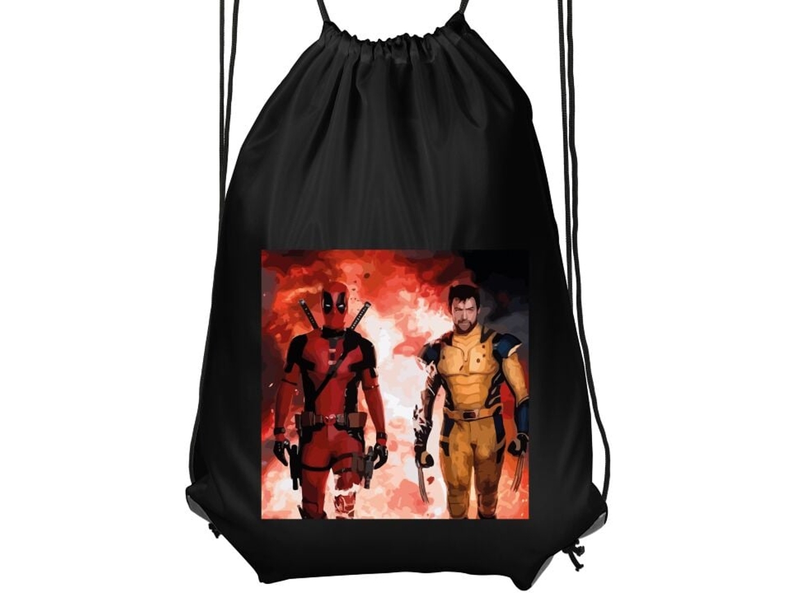 Mochila de Ginástica Infantil- Confortável e Prática, Preta, com Estampa do Wolverine e Deadpool BRILVIBERA