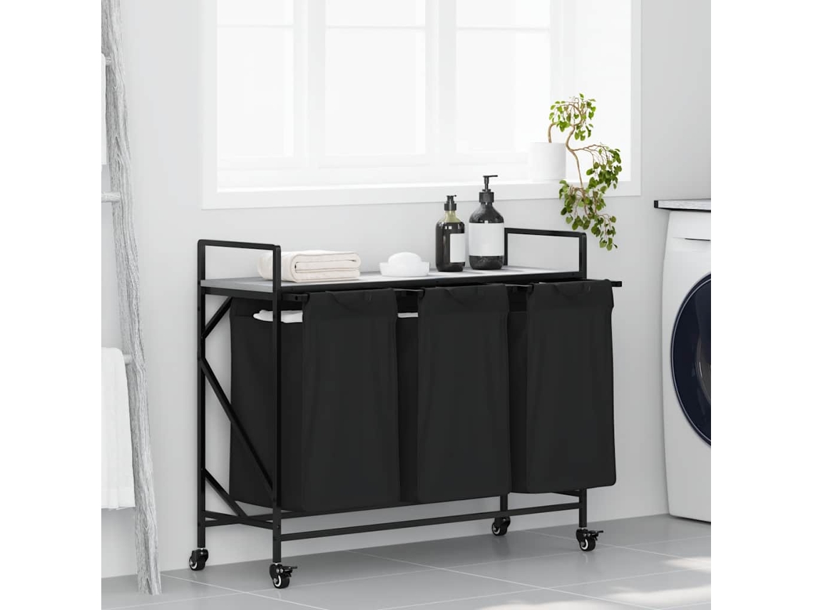 Vidaxl Cesto De Roupa Suja Com 3 Compartimentos E Rodas, Cinza, Modelo Sonoma