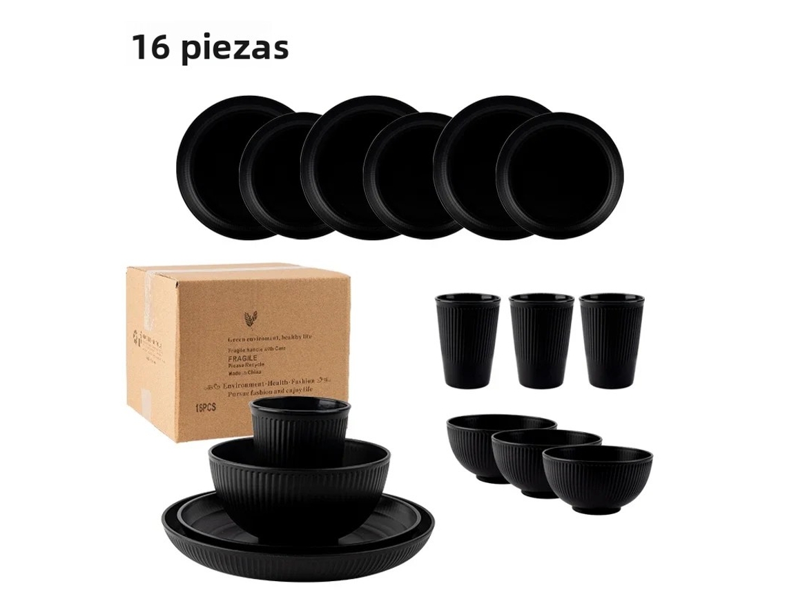 Conjunto de Talheres Portáteis Estilo Campestre com 16 Peças, Incluindo Faca, Garfo e Colher, Feitos de Plástico Ecológico. MDUG (preto)