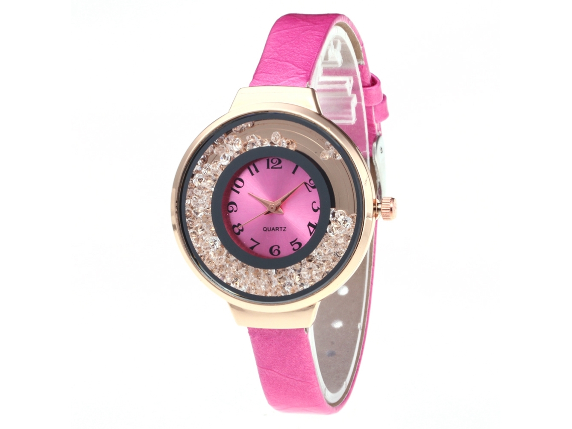 Relógio de Quartzo Feminino de Couro Pu Estilo Moderno com Esfera de Areia Fluida Rosa