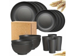 Conjunto De Pratos De Palha De Trigo Inquebrável 16 Peças, Microwavável E Lavavajillas, Para Camping E Cozinha Preto