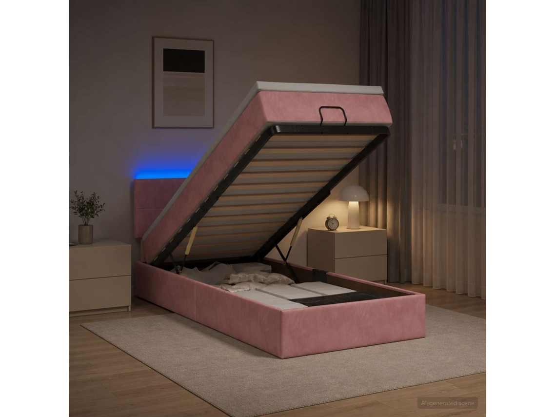 Vidaxl Cama Ottoman Com Colchão E Led Rosa 90 X 190 Cm Veludo