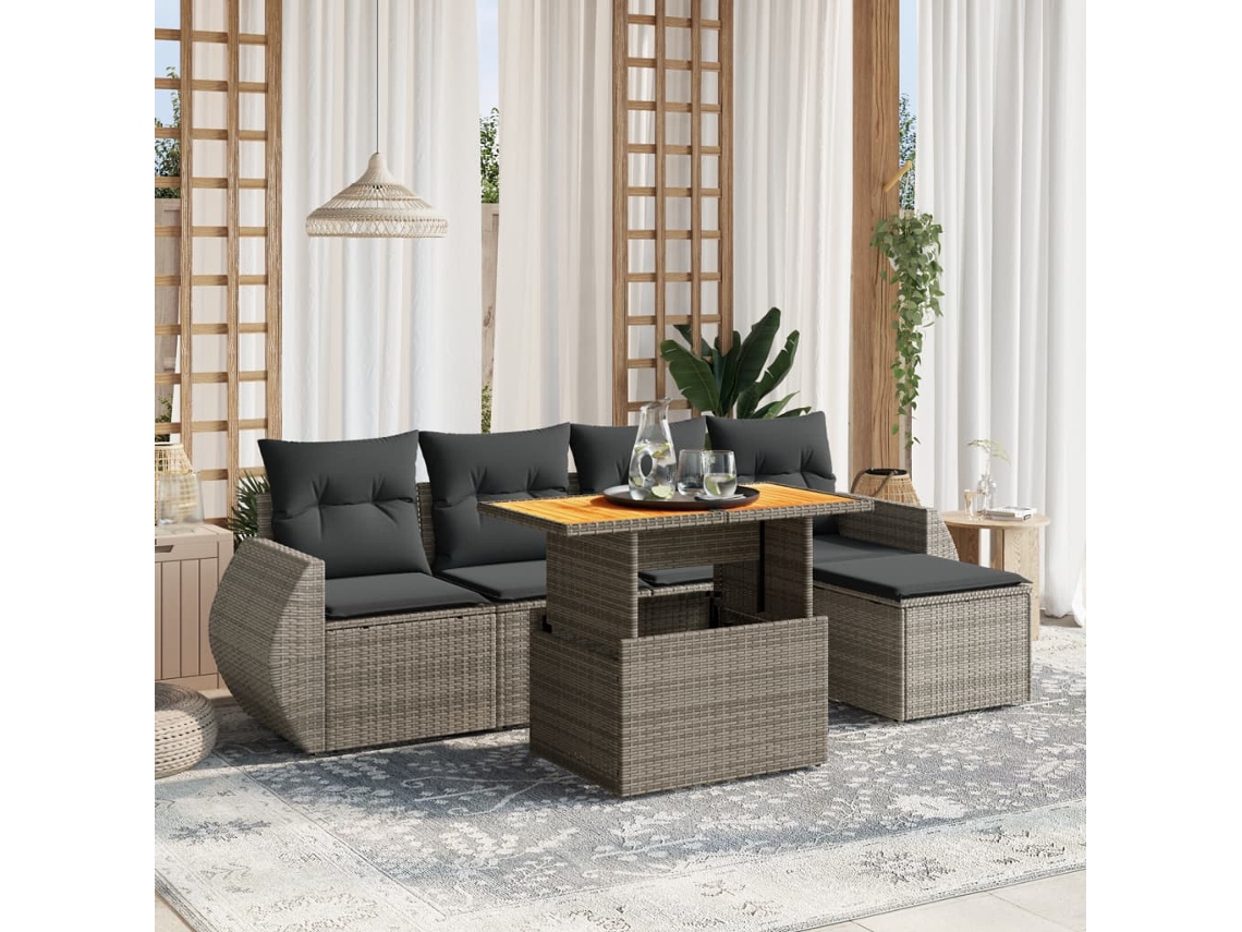 Vidaxl 6 Pcs Conjunto Sofás De Jardim Com Almofadões Vime Cinzento