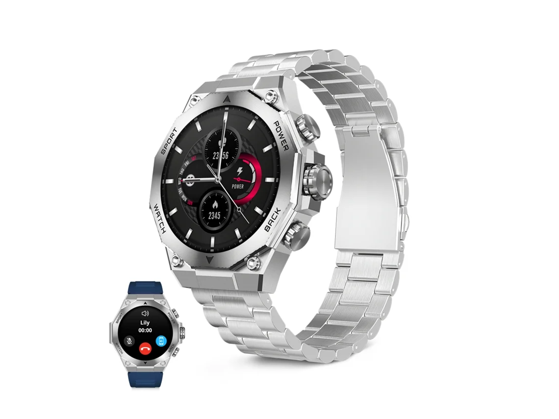 Smartwatch Ksix Titanium Go, Ecrã Amoled 1,43", Autonomia 4 Dias, Pulseira Aço Inoxidável Prata E Silicone Azul