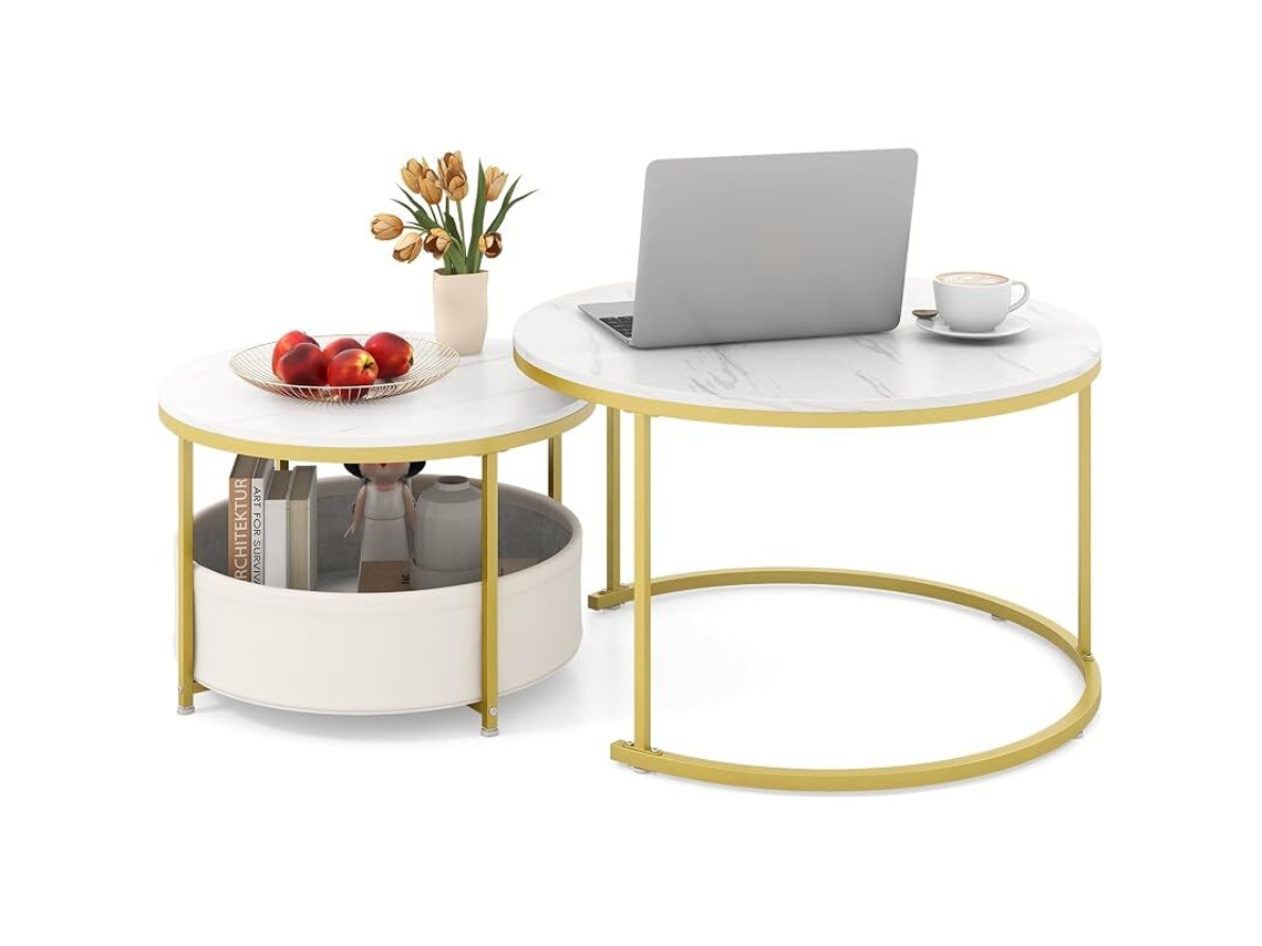 Mesa De Centro Costway Com Cesto De Tecido (conjunto De 2 - Metal - Branco)