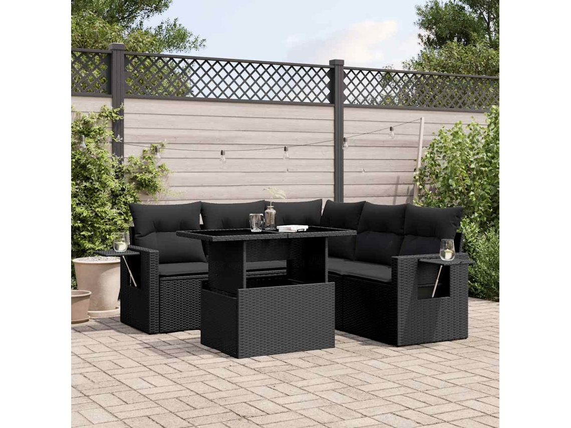 Vidaxl 6 Pcs Conjunto Sofás De Jardim C/ Almofadões Vime Pe Preto