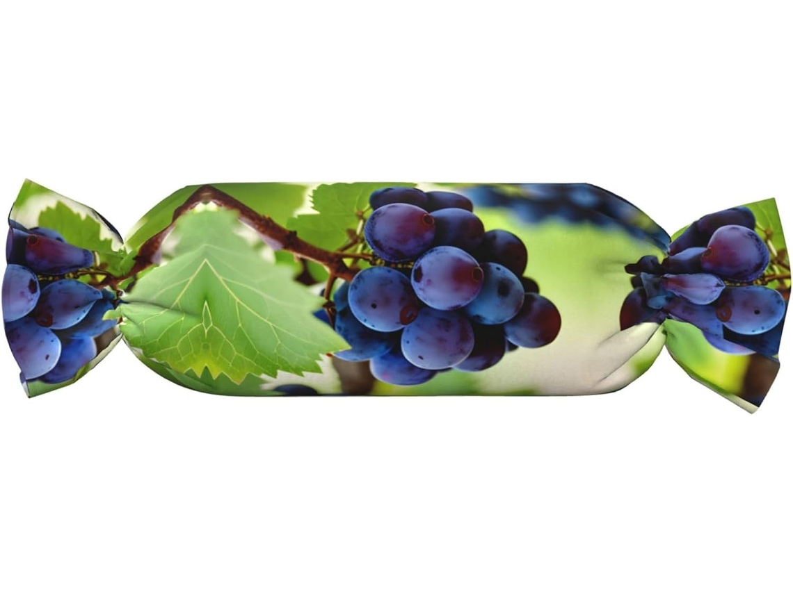 Almofada Cilíndrica Formato de Doce com Estampa Uvas 100 % Poliéster Ideal para Viagens, Casa e Escritório