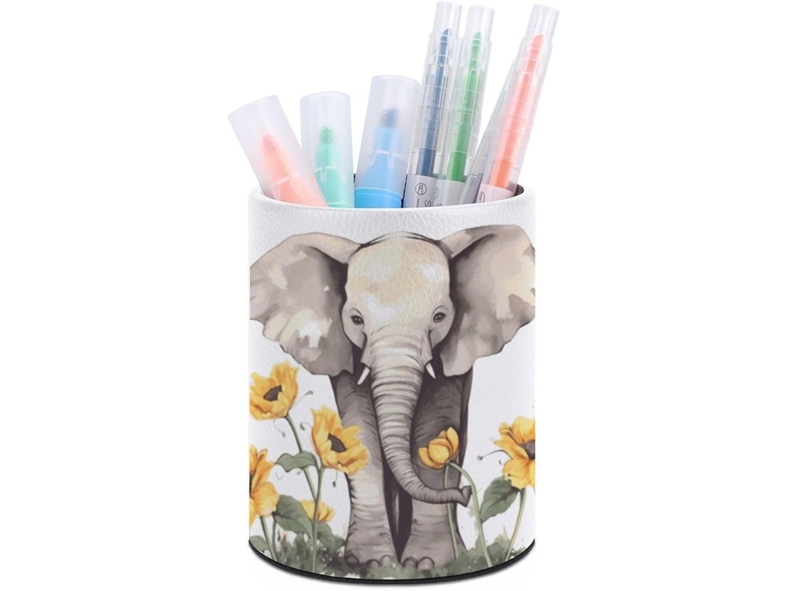 Porta Canetas De Couro Computador, Organizador Feminino Com Elefante E Girassol, Porta Pincéis De Maquiagem