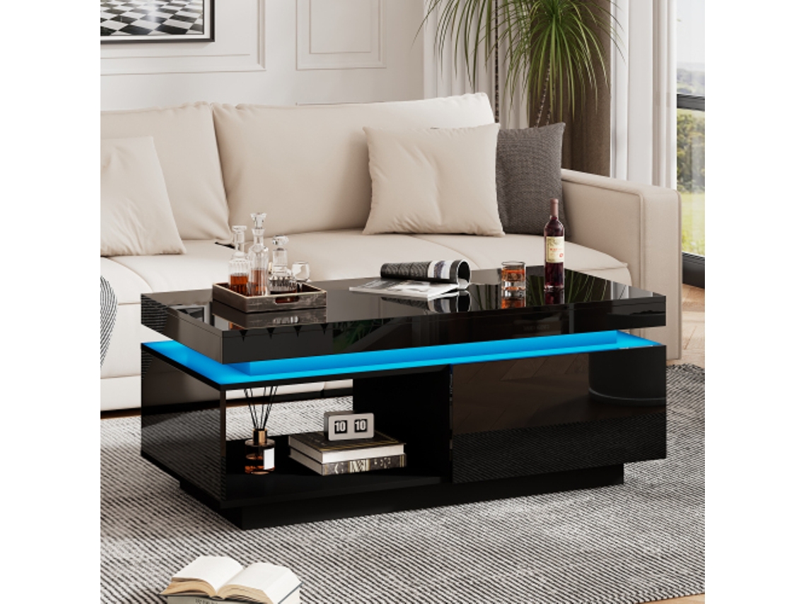 Mesa De Centro Moderna Com Iluminação Led, 100x50x40,3 Cm Design Elegante Com Gaveta E Suporta Até 50 Kg Btforus