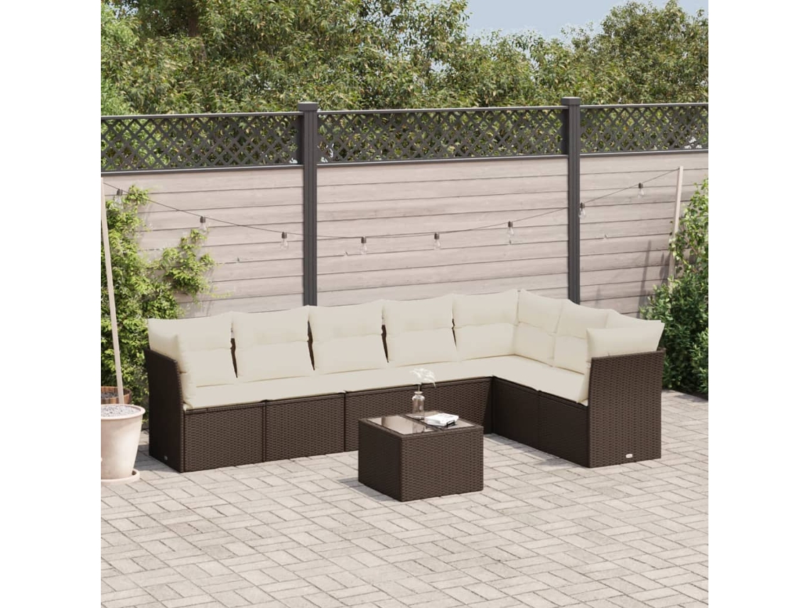 Vidaxl 8 Pcs Conjunto Sofás De Jardim C/ Almofadões Vime Pe Castanho