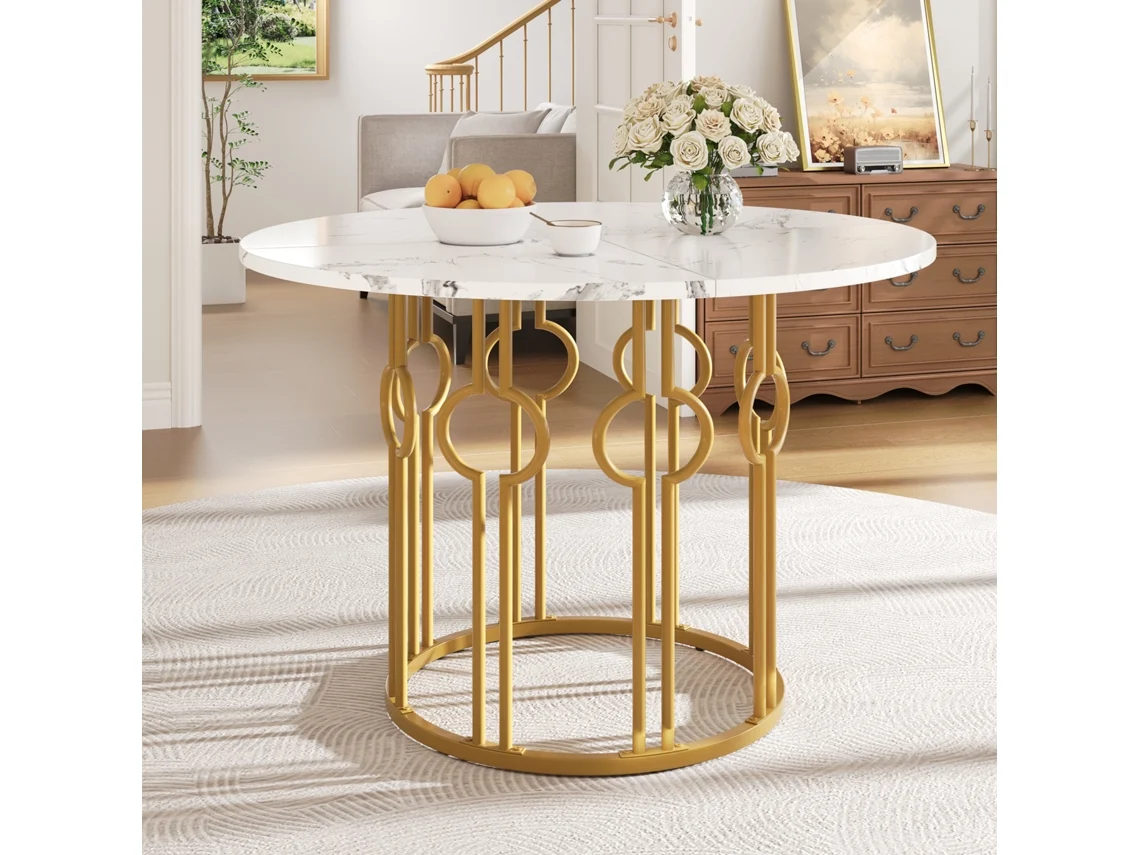 Mesa De Jantar Redonda 100x100x76cm, Metal, Mdf Marmorizado Dourado, Para 4 Pessoas-mh