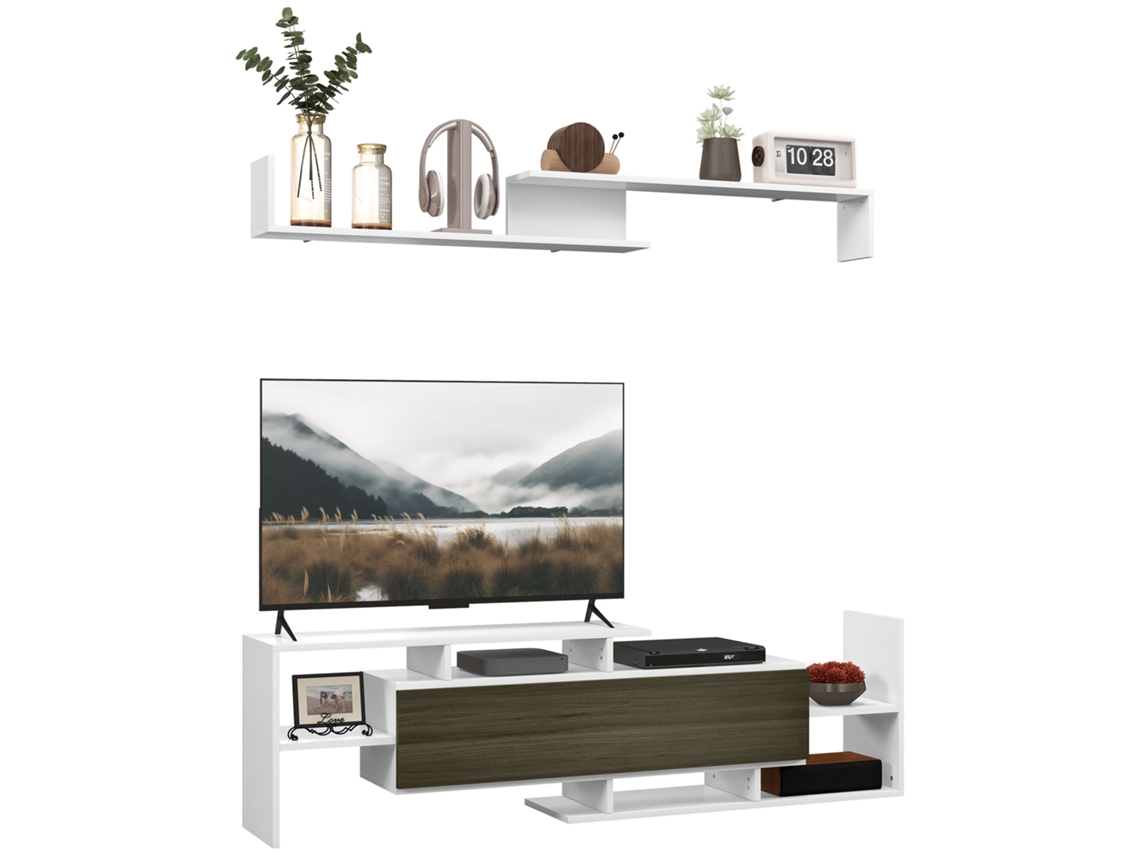 Rack para Tv com Prateleira de Parede e Armário Branco e Preto ZACHARY