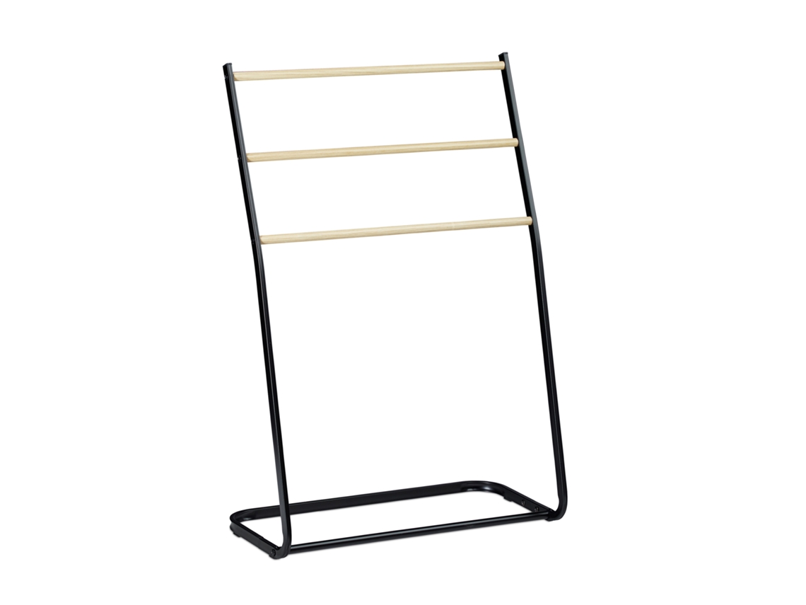 Toalheiro De Pé Relaxdays, Metal, 3 Varas Em Aspeto De Madeira, Para Toalhas E Roupa, Axlxp 86x58x30 Cm, Preto