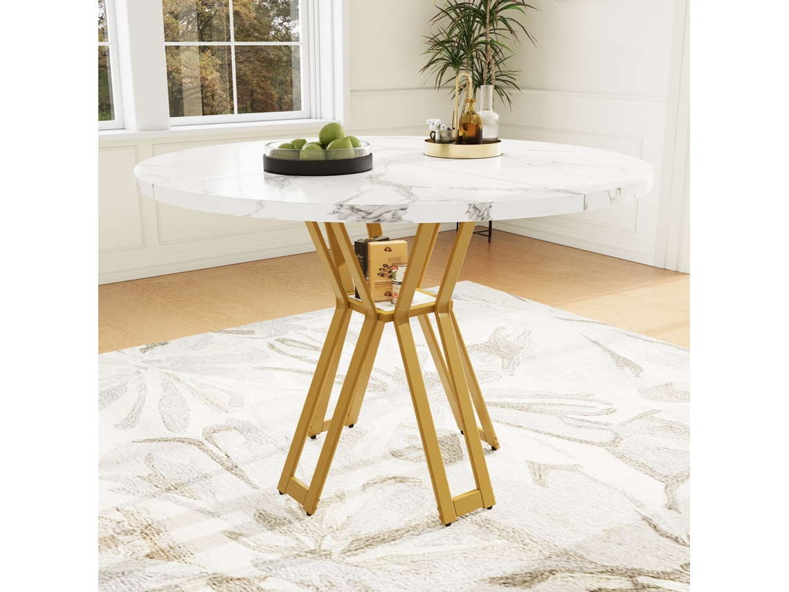 Mesa Redonda 100cm 4 6 Pessoas Mármore Dourado Luxo