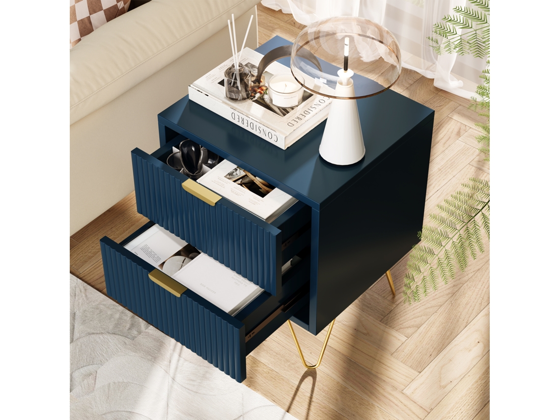 Mesita De Noche Azul Oscuro Con 2 Cajones Y Patas Doradas Diseño Moderno Con Acabado En Relieve Y Práctico Espacio De Almacenamiento Ycone