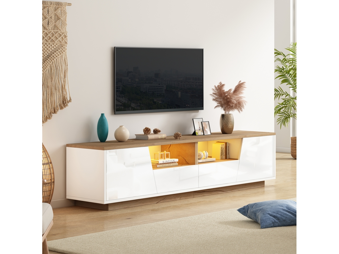 Móvel Tv 180x40x46cm 2 Gavetas 2 Armários Led Branco Madeira Até 75 Polegadas