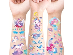 12 Adesivos De Tatuagem Temporária Brilhantes De Unicórnio E Sereia Para Crianças