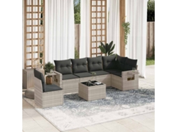 Vidaxl 7 Pcs Conj. Sofás Jardim Com Almofadões Vime Pe Cinzento-claro