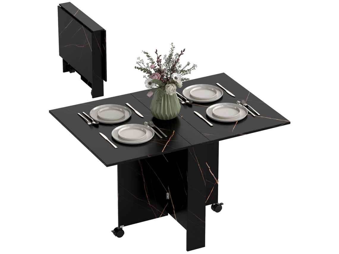 Mesa de jantar dobrável com rodas, 2 alas, acabamento mármore 120x80x73 cm Preto