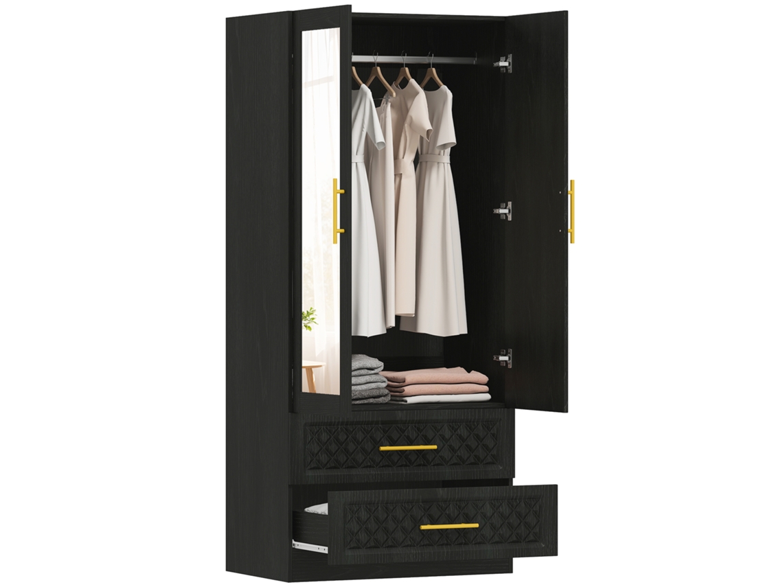 Roupeiro com Espelho 2 Portas e 2 Gavetas Relevo de Diamante Barra para Pendurar Estilo Moderno 80x50x180 Cm Preto FYNTERA EUROPA