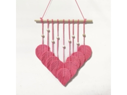 Decoração de Parede em Macramê Rosa com Formato Coração e Folha, 40× 80cm, Estilo Boho, com Haste de Madeira Natural BRILVIBERA